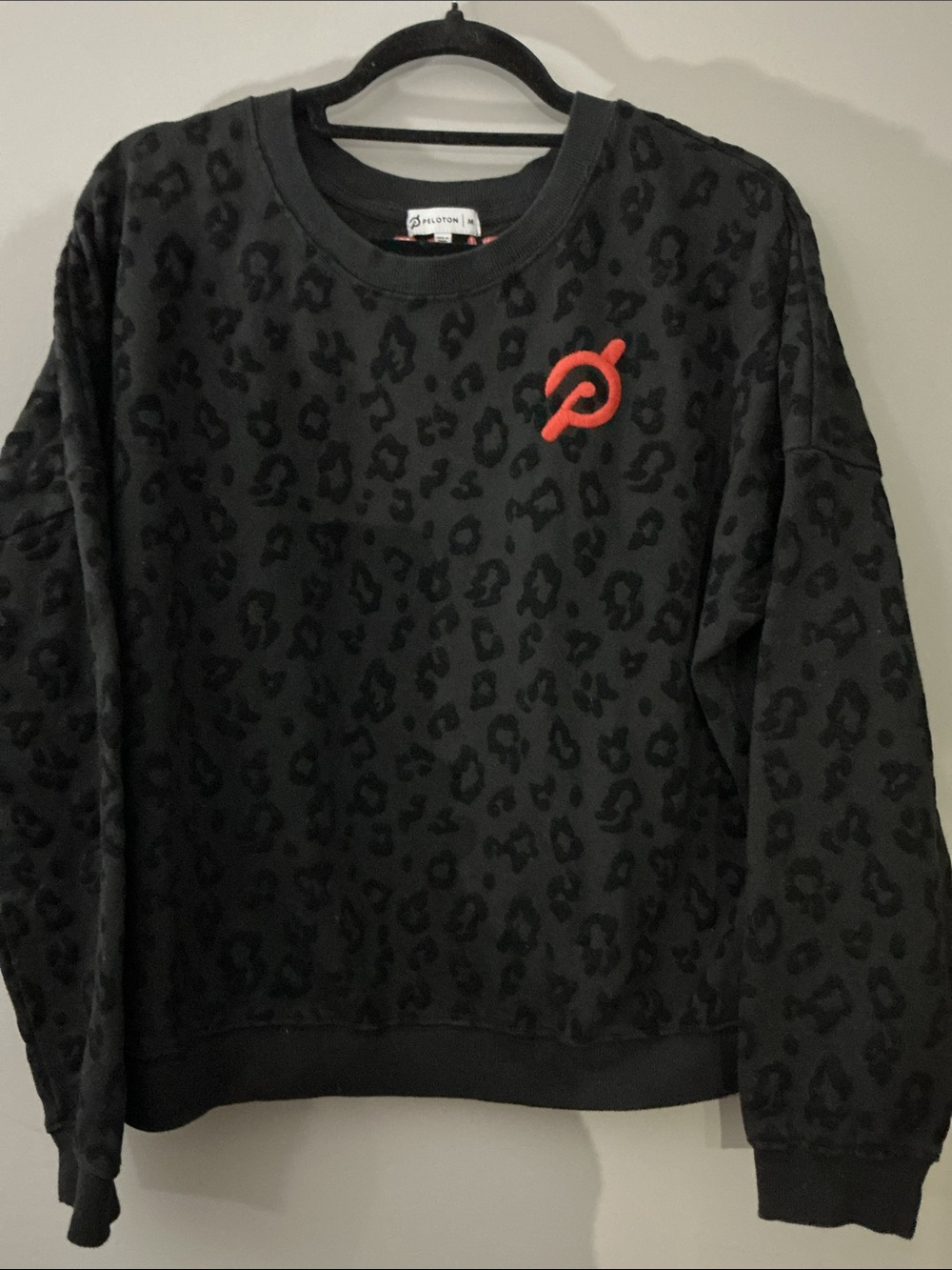 Peloton Black Leopard-Print Crewneck with Orange Logo Medium